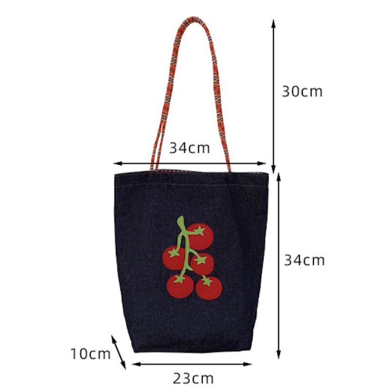 画像2: Reversible Denim & Check Tomato Embroidery Tote Shoulder Shopping Bag　ユニセックス男女兼用 デニム＆チェックリバーシブルトマト刺繍  トートショルダーショッピングエコバッグ (2)
