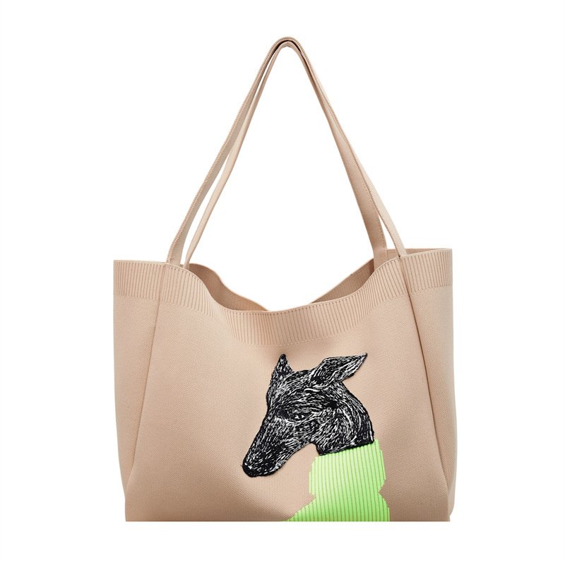 画像3: Doberman Embroidered Knit Large-Capacity Tote & Shoulder Bag　ユニセックス男女兼用ドーベルマン 刺繍ニットラージキャパシティー  トートショルダーショッピングエコバッグ (3)