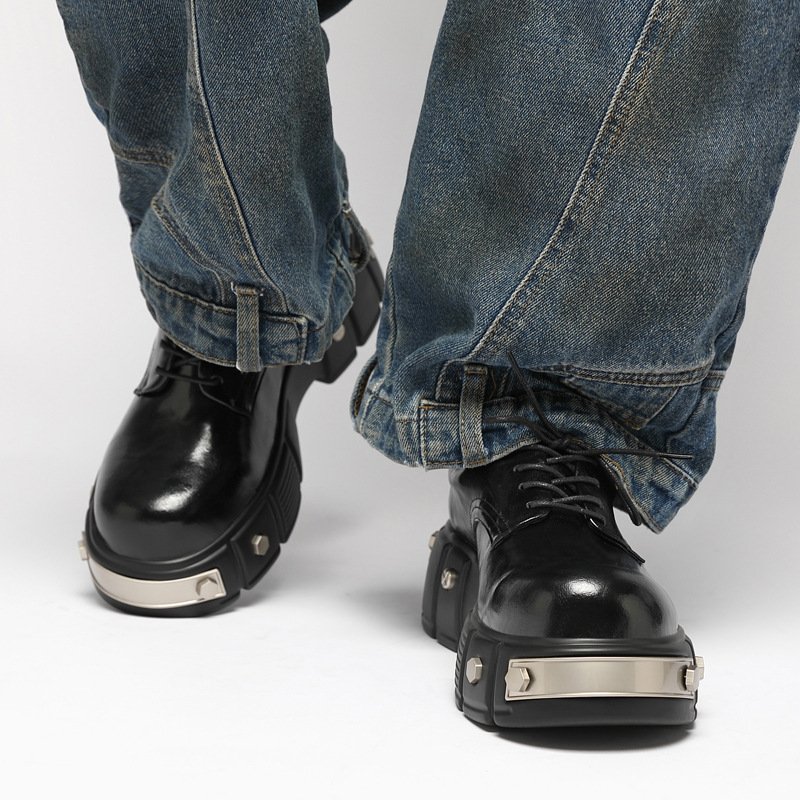 画像4:  Unisex Metal-Accented Chunky-Sole Leather Lace-Up British-Style Derby Loafers　 男女兼用メタルプラットフォームレザー レースアップダービーローファーシューズ (4)