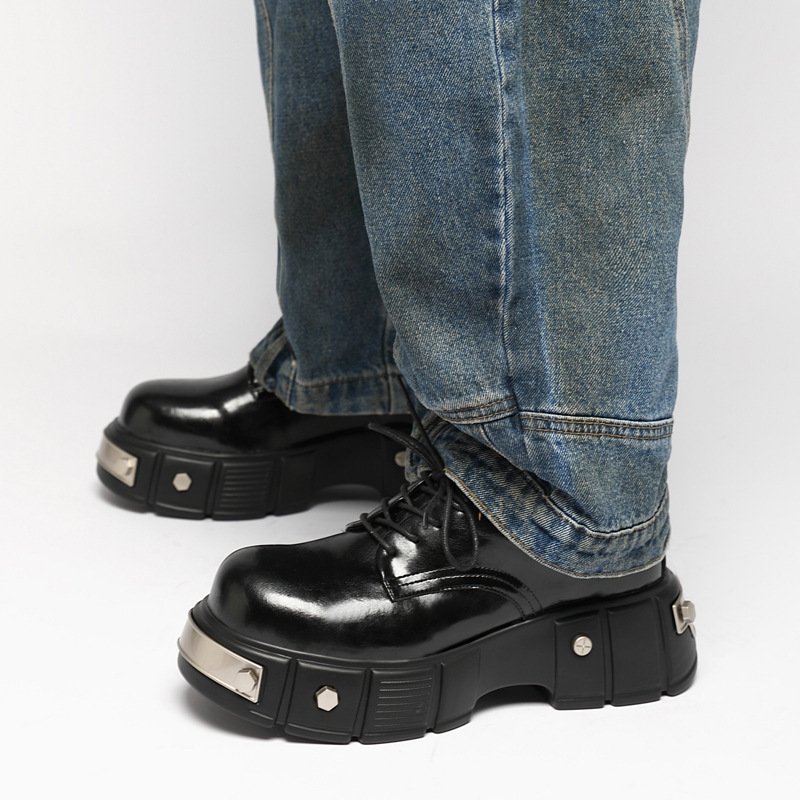 画像3:  Unisex Metal-Accented Chunky-Sole Leather Lace-Up British-Style Derby Loafers　 男女兼用メタルプラットフォームレザー レースアップダービーローファーシューズ (3)