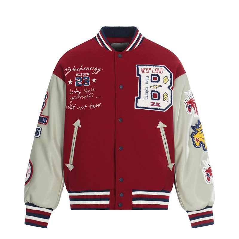 画像2: Padded American-style varsity jacket with unicorn embroideryBASEBALL JACKET baseball uniform jacket blouson  ユニセックス 男女兼用 中綿入りアメリカンBLEGCHNユニコーン刺繍 レザースリーブ スタジアムジャンパー スタジャン MA-1 ボンバー ジャケット ブルゾン (2)
