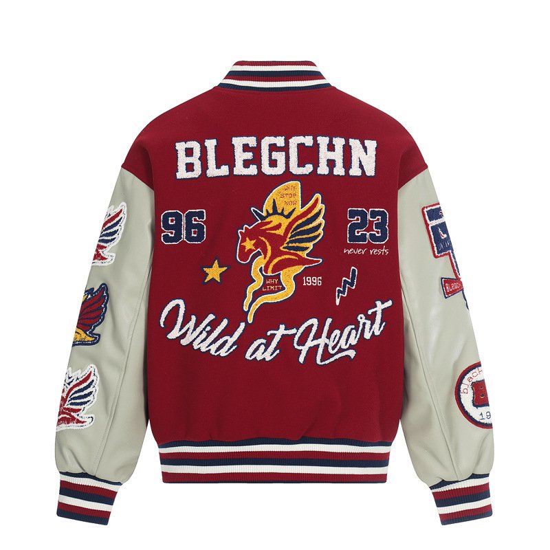 画像1: Padded American-style varsity jacket with unicorn embroideryBASEBALL JACKET baseball uniform jacket blouson  ユニセックス 男女兼用 中綿入りアメリカンBLEGCHNユニコーン刺繍 レザースリーブ スタジアムジャンパー スタジャン MA-1 ボンバー ジャケット ブルゾン (1)