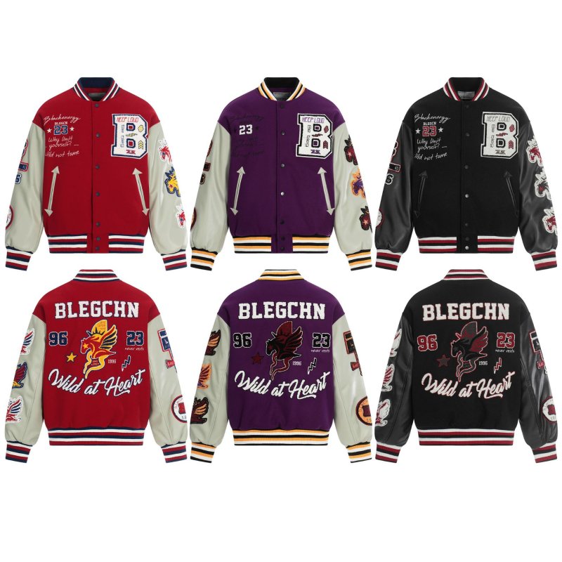 画像9: Padded American-style varsity jacket with unicorn embroideryBASEBALL JACKET baseball uniform jacket blouson  ユニセックス 男女兼用 中綿入りアメリカンBLEGCHNユニコーン刺繍 レザースリーブ スタジアムジャンパー スタジャン MA-1 ボンバー ジャケット ブルゾン (9)