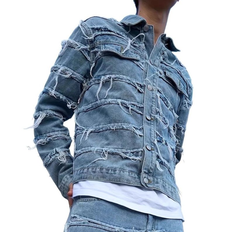 画像1: Fringed Distressed Denim Jacket blouson  ユニセックス 男女兼用 フリンジダメージデニムGジャンジャケット ブルゾン (1)