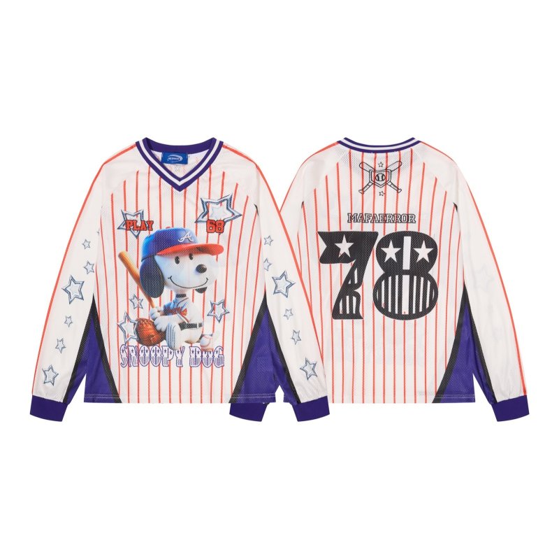 画像1: V-Neck Mesh Snoopy Baseball Long-Sleeve T-Shirt Pullover ユニセックス 男女兼用  Vネック スヌーピーベースボール長袖Tシャツプルオーバ (1)