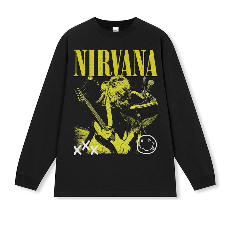 画像1: Unisex Nirvana Smile & Photo vintage style Print  Long Sleeve T-Shirt  ニルヴァーナ ヴィンテージスタイルスマイル＆フォト プリント 長袖 ラウンドネック Tシャツ ユニセックス 男女兼用 バンドT (1)