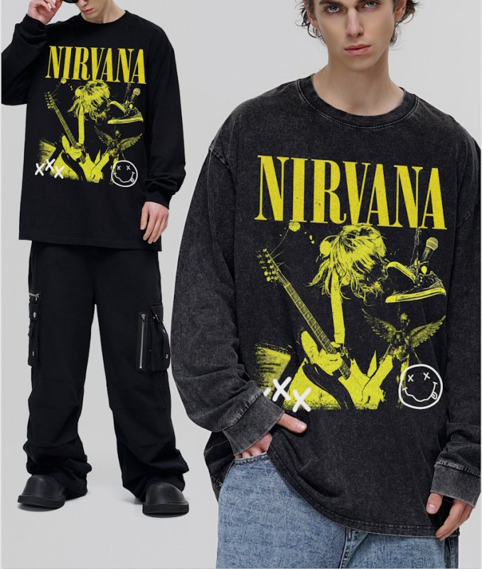 画像6: Unisex Nirvana Smile & Photo vintage style Print  Long Sleeve T-Shirt  ニルヴァーナ ヴィンテージスタイルスマイル＆フォト プリント 長袖 ラウンドネック Tシャツ ユニセックス 男女兼用 バンドT (6)