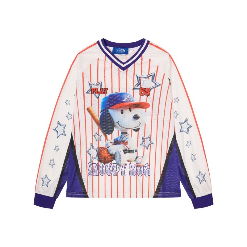 画像2: V-Neck Mesh Snoopy Baseball Long-Sleeve T-Shirt Pullover ユニセックス 男女兼用  Vネック スヌーピーベースボール長袖Tシャツプルオーバ (2)