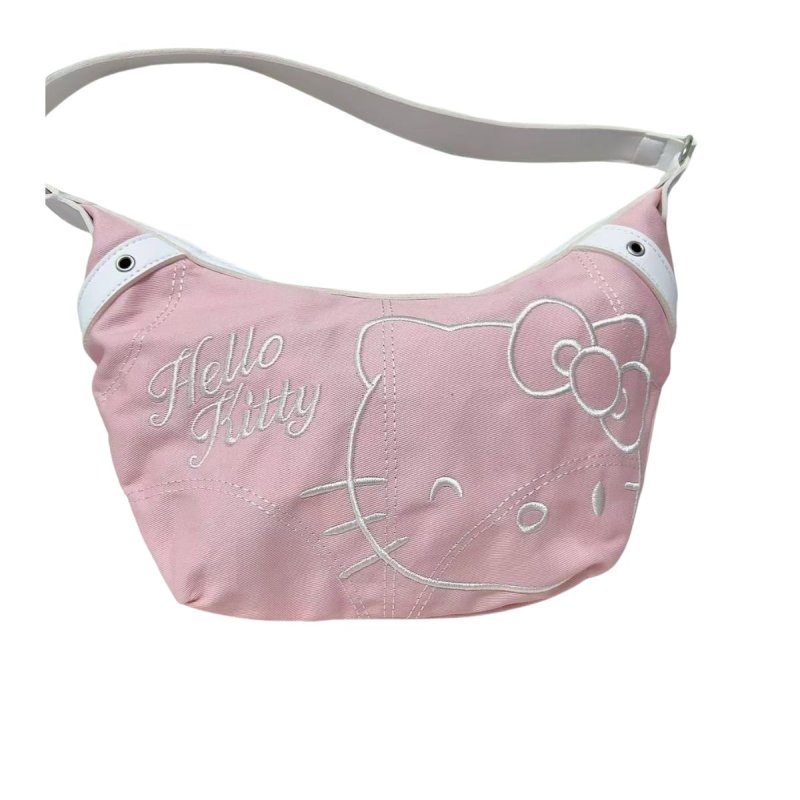 画像5: Hello Kitty Denim Embroidered Croissant Half-Moon Tote/Shoulder/Crossbody Bag　ハローキティデニム刺繍クロワッサン半月トートショルダーバッグクロスボディバッグ (5)