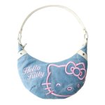 画像1: Hello Kitty Denim Embroidered Croissant Half-Moon Tote/Shoulder/Crossbody Bag　ハローキティデニム刺繍クロワッサン半月トートショルダーバッグクロスボディバッグ (1)