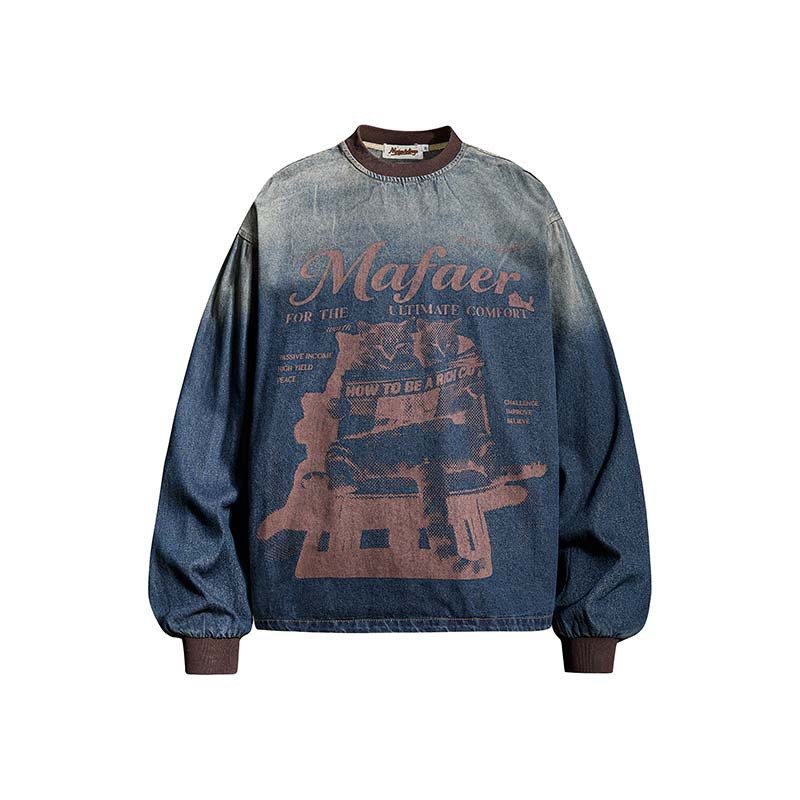 画像1: Letter-Print Washed Gradient Denim Long-Sleeve Pullover ユニセックス 男女兼用 レタープリント ウォッシュ  グラデーションデニムプルオーバ (1)