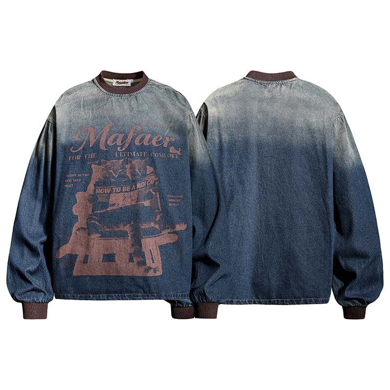 画像3: Letter-Print Washed Gradient Denim Long-Sleeve Pullover ユニセックス 男女兼用 レタープリント ウォッシュ  グラデーションデニムプルオーバ (3)