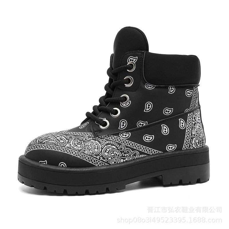画像1: Paisley-pattern high-top platform combat boots　男女兼用ユニセックスレザーペイズリーバンダナ柄プラットフォームハイカットマーティンブーツ (1)
