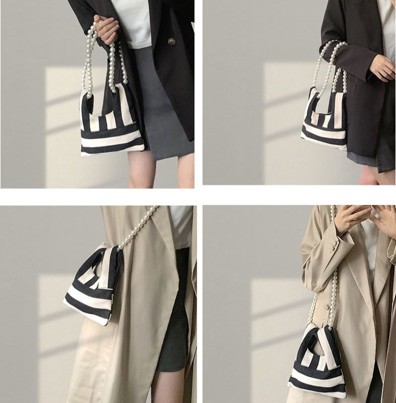 画像8: Striped Canvas Mini Tote / Shoulder / Crossbody / Pochette Bag with Pearl Shoulder Strap　パールショルダーストラップストライプキャンバスミニトートショルダークロスボディーバッグポシェットバッグ (8)