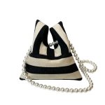 画像1: Striped Canvas Mini Tote / Shoulder / Crossbody / Pochette Bag with Pearl Shoulder Strap　パールショルダーストラップストライプキャンバスミニトートショルダークロスボディーバッグポシェットバッグ (1)