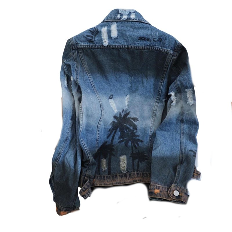 画像2: Distressed Palm Tree Print Denim Jacket blouson  ユニセックス男女兼用 ダメージパームツリープリントGジャンジャケットブルゾン (2)