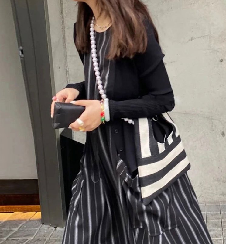 画像5: Striped Canvas Mini Tote / Shoulder / Crossbody / Pochette Bag with Pearl Shoulder Strap　パールショルダーストラップストライプキャンバスミニトートショルダークロスボディーバッグポシェットバッグ (5)