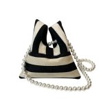 画像3: Striped Canvas Mini Tote / Shoulder / Crossbody / Pochette Bag with Pearl Shoulder Strap　パールショルダーストラップストライプキャンバスミニトートショルダークロスボディーバッグポシェットバッグ (3)