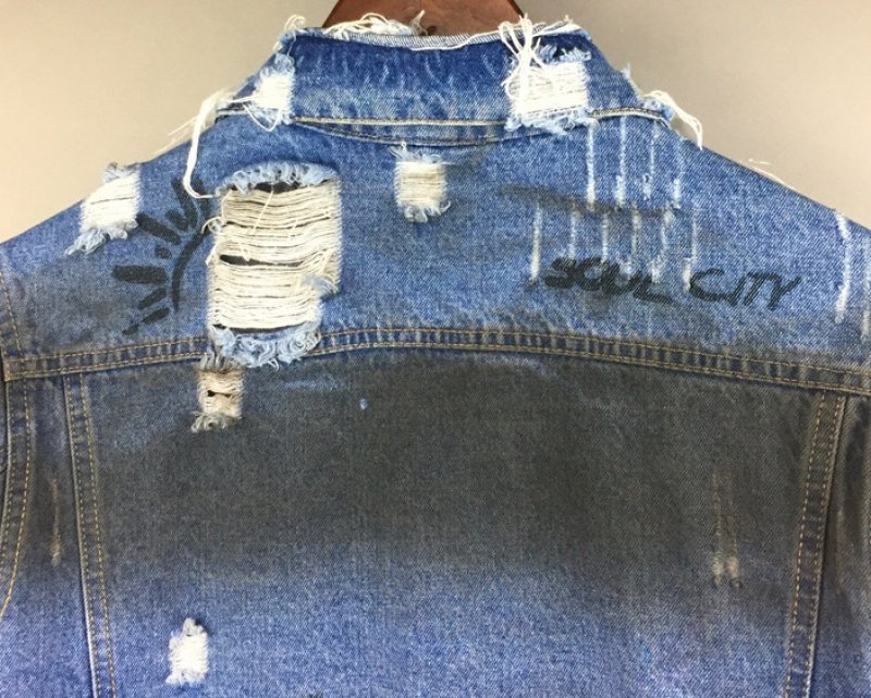 画像5: Distressed Palm Tree Print Denim Jacket blouson  ユニセックス男女兼用 ダメージパームツリープリントGジャンジャケットブルゾン (5)
