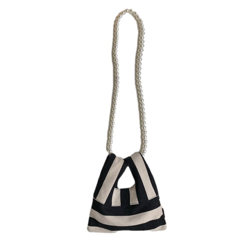 画像4: Striped Canvas Mini Tote / Shoulder / Crossbody / Pochette Bag with Pearl Shoulder Strap　パールショルダーストラップストライプキャンバスミニトートショルダークロスボディーバッグポシェットバッグ (4)