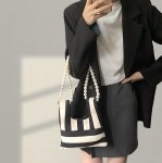 画像6: Striped Canvas Mini Tote / Shoulder / Crossbody / Pochette Bag with Pearl Shoulder Strap　パールショルダーストラップストライプキャンバスミニトートショルダークロスボディーバッグポシェットバッグ (6)