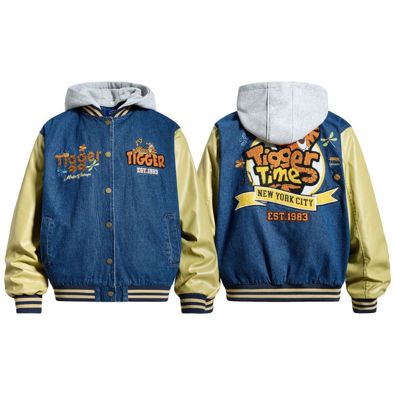 画像1:  Tigger embroidery denim leather sleeves stadium Jacket blouson  ユニセックス男女兼用 ティガー刺繍デニムレザー袖 スタジャンジャケットブルゾン (1)