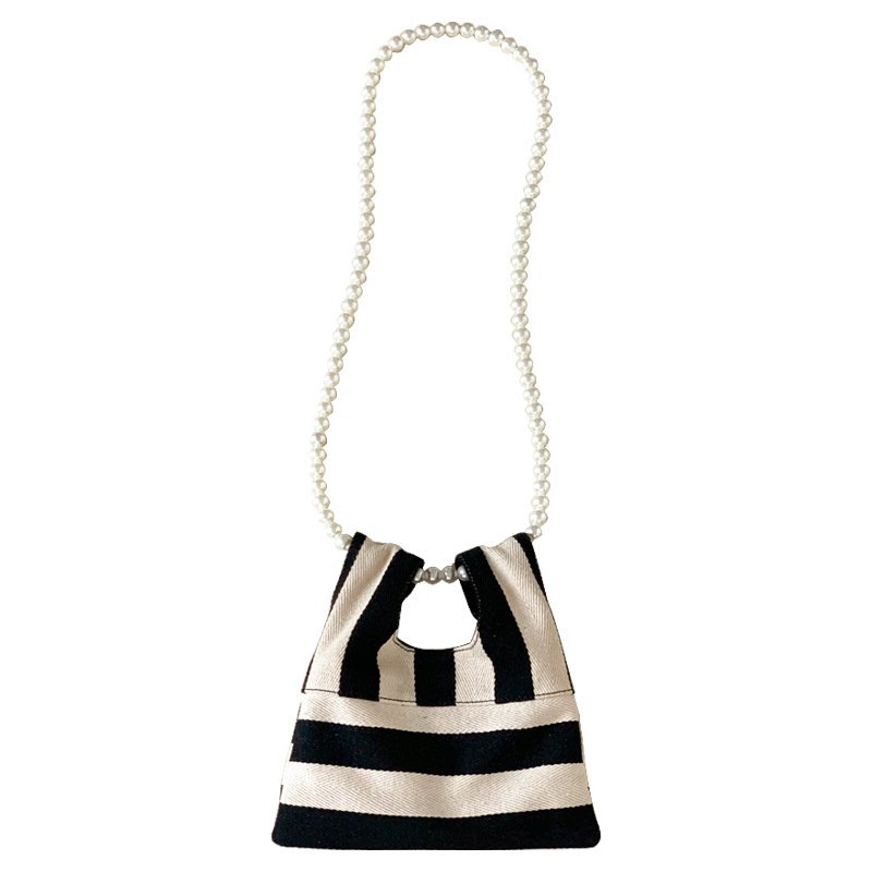 画像2: Striped Canvas Mini Tote / Shoulder / Crossbody / Pochette Bag with Pearl Shoulder Strap　パールショルダーストラップストライプキャンバスミニトートショルダークロスボディーバッグポシェットバッグ (2)