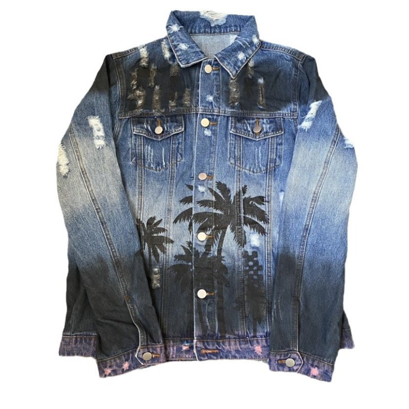 画像3: Distressed Palm Tree Print Denim Jacket blouson  ユニセックス男女兼用 ダメージパームツリープリントGジャンジャケットブルゾン (3)