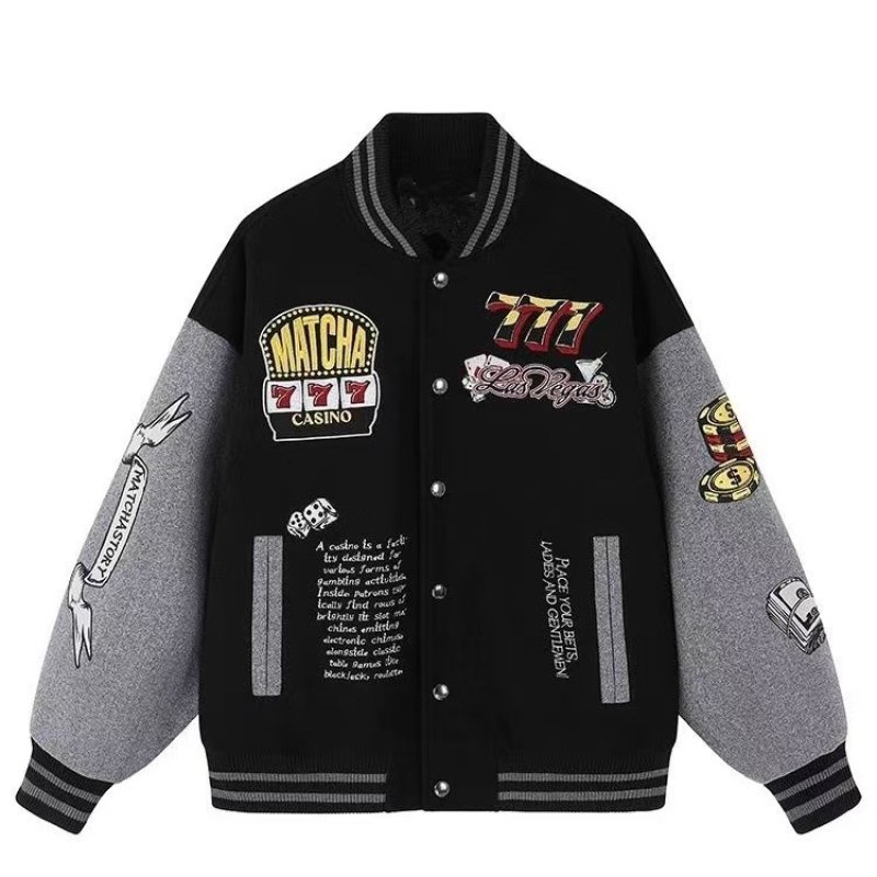 画像2: Casino-Embroidered Varsity Jacket Baseball-Style BASEBALL JACKET baseball uniform jacket blouson  ユニセックス 男女兼用 カジノ刺繍 スタジアムジャンパー スタジャンジャケット ブルゾン (2)