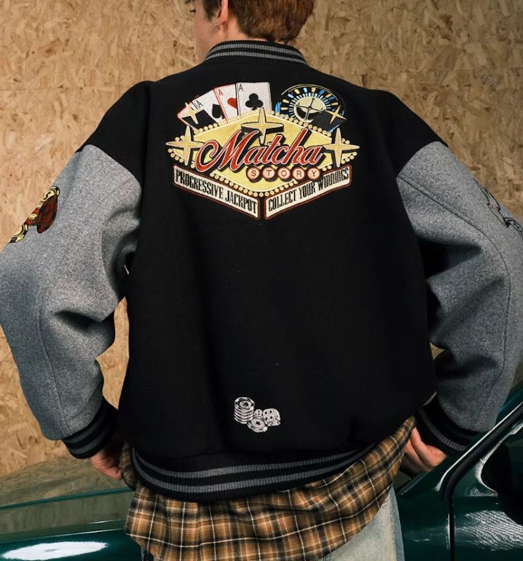 画像4: Casino-Embroidered Varsity Jacket Baseball-Style BASEBALL JACKET baseball uniform jacket blouson  ユニセックス 男女兼用 カジノ刺繍 スタジアムジャンパー スタジャンジャケット ブルゾン (4)