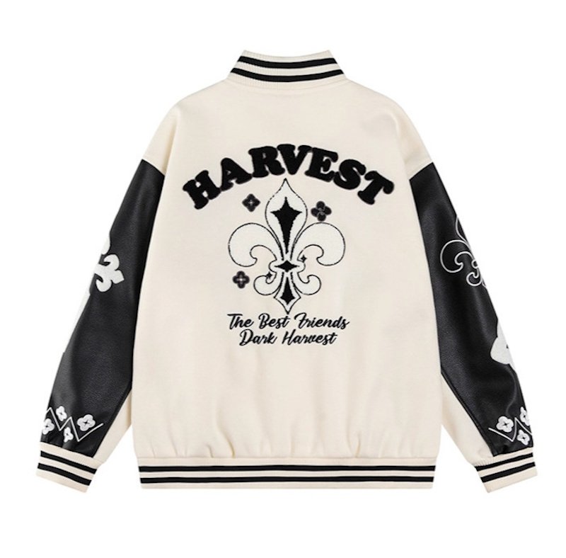 画像5: Leather-Sleeve Varsity Jacket with Floral Embroidery baseball uniform jacket blouson  ユニセックス 男女兼用 フラワーモチーフ刺繍レザースリーブ スタジアムジャンパー スタジャンジャケット ブルゾン (5)
