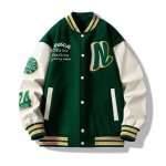 画像1: Leather-Sleeve Nlogo  Embroidery baseball uniform jacket blouson  ユニセックス 男女兼用 Nロゴエンブレム刺繍レザースリーブ スタジアムジャンパー スタジャンジャケット ブルゾン (1)
