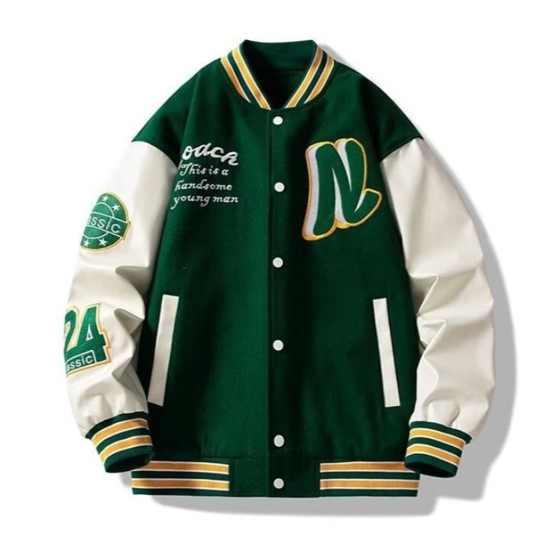 画像1: Leather-Sleeve Nlogo  Embroidery baseball uniform jacket blouson  ユニセックス 男女兼用 Nロゴエンブレム刺繍レザースリーブ スタジアムジャンパー スタジャンジャケット ブルゾン (1)