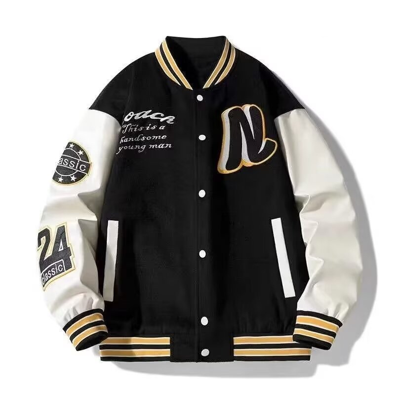 画像2: Leather-Sleeve Nlogo  Embroidery baseball uniform jacket blouson  ユニセックス 男女兼用 Nロゴエンブレム刺繍レザースリーブ スタジアムジャンパー スタジャンジャケット ブルゾン (2)