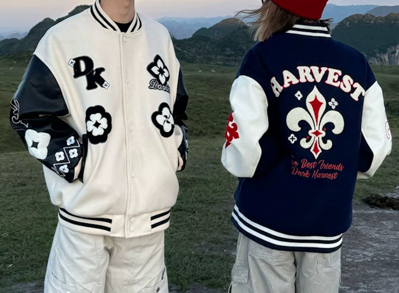 画像7: Leather-Sleeve Varsity Jacket with Floral Embroidery baseball uniform jacket blouson  ユニセックス 男女兼用 フラワーモチーフ刺繍レザースリーブ スタジアムジャンパー スタジャンジャケット ブルゾン (7)