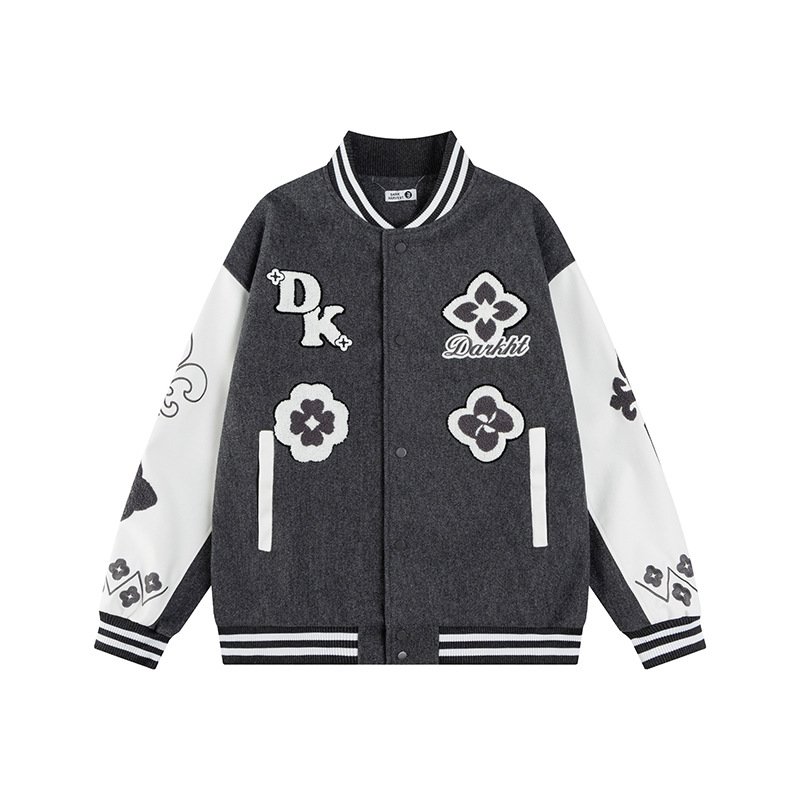 画像1: Leather-Sleeve Varsity Jacket with Floral Embroidery baseball uniform jacket blouson  ユニセックス 男女兼用 フラワーモチーフ刺繍レザースリーブ スタジアムジャンパー スタジャンジャケット ブルゾン (1)