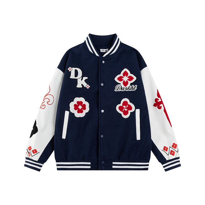 画像3: Leather-Sleeve Varsity Jacket with Floral Embroidery baseball uniform jacket blouson  ユニセックス 男女兼用 フラワーモチーフ刺繍レザースリーブ スタジアムジャンパー スタジャンジャケット ブルゾン (3)