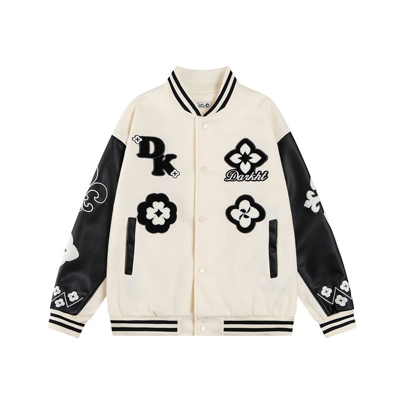 画像2: Leather-Sleeve Varsity Jacket with Floral Embroidery baseball uniform jacket blouson  ユニセックス 男女兼用 フラワーモチーフ刺繍レザースリーブ スタジアムジャンパー スタジャンジャケット ブルゾン (2)