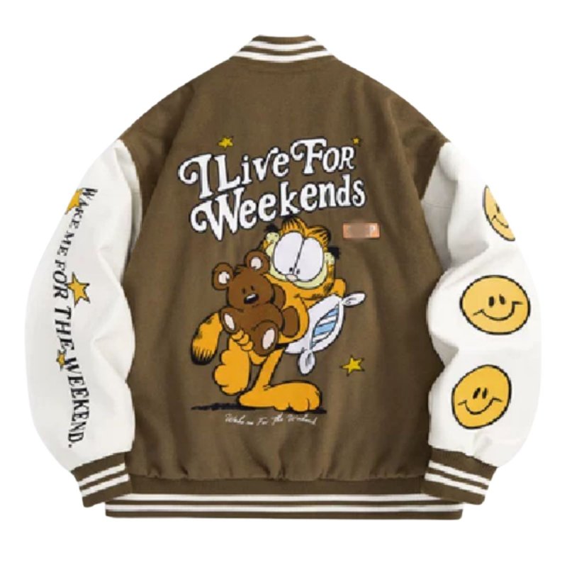 画像2: garfield & bear＆smile embroidery baseball jacket stadium jacket baseball uniform jacket blouson  ユニセックス 男女兼用ガーフィールド＆ベア＆スマイル刺繍スタジアムジャンパー スタジャン MA-1 ボンバー ジャケット ブルゾン (2)