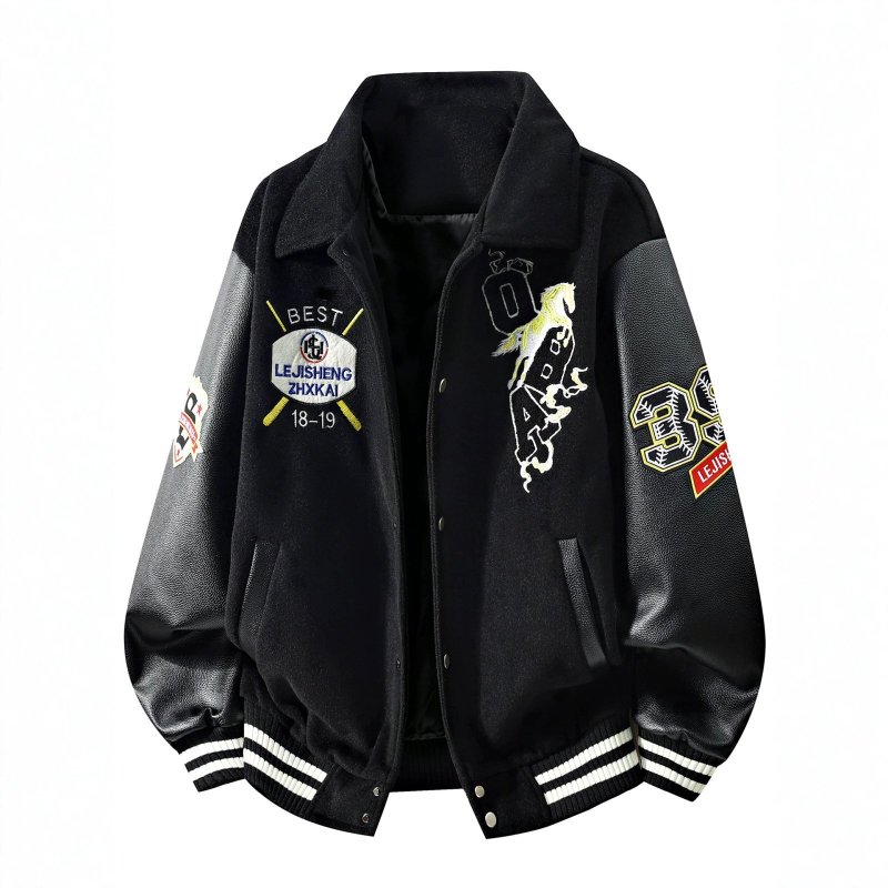 画像3: Regular-Collar Varsity Jacket with Leather Sleeves and OBA Horse Embroiderybaseball uniform jacket blouson  ユニセックス 男女兼用 OBA＆ホースエンブレム刺繍レザースリーブ スタジアムジャンパー スタジャンジャケット ブルゾン (3)