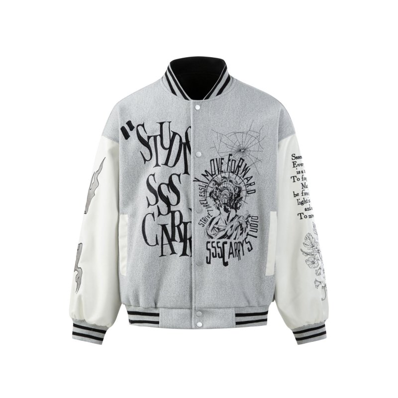画像1: STUDIOONE American Retro Embroidered Baseball Jacket baseball uniform jacket blouson  ユニセックス 男女兼用アメリカンレトロ 刺繍レザースリーブ スタジアムジャンパー スタジャンジャケット ブルゾン (1)