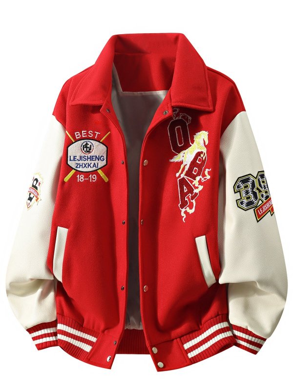 画像2: Regular-Collar Varsity Jacket with Leather Sleeves and OBA Horse Embroiderybaseball uniform jacket blouson  ユニセックス 男女兼用 OBA＆ホースエンブレム刺繍レザースリーブ スタジアムジャンパー スタジャンジャケット ブルゾン (2)