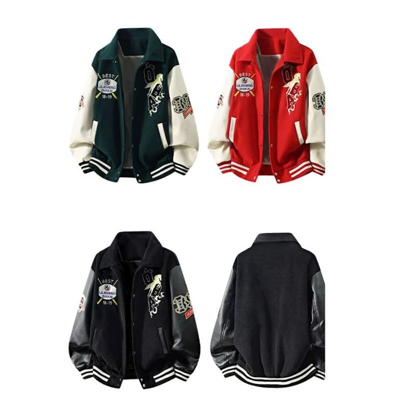 画像4: Regular-Collar Varsity Jacket with Leather Sleeves and OBA Horse Embroiderybaseball uniform jacket blouson  ユニセックス 男女兼用 OBA＆ホースエンブレム刺繍レザースリーブ スタジアムジャンパー スタジャンジャケット ブルゾン (4)