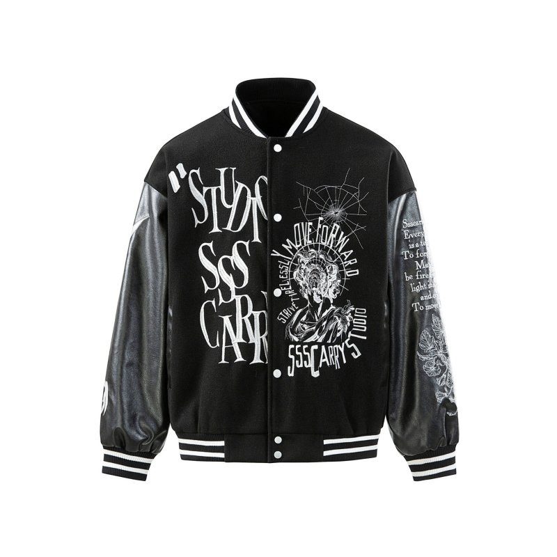 画像2: STUDIOONE American Retro Embroidered Baseball Jacket baseball uniform jacket blouson  ユニセックス 男女兼用アメリカンレトロ 刺繍レザースリーブ スタジアムジャンパー スタジャンジャケット ブルゾン (2)