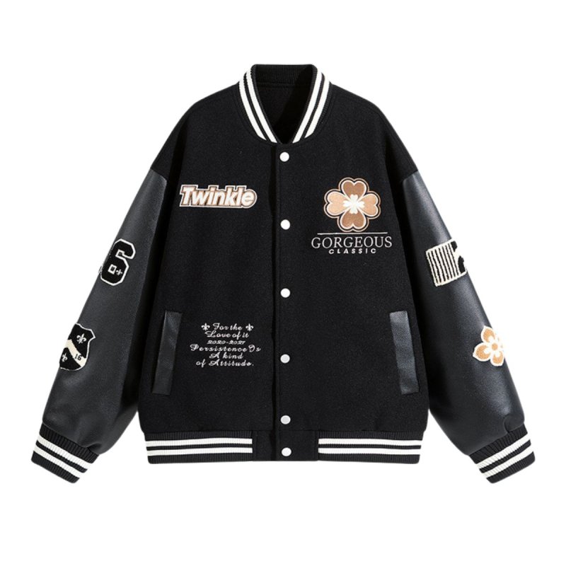 画像2: Letter & flower embroidery baseball jackets baseball uniform jacket blouson ユニセックス男女兼用 レター & フラワー刺繍 スタジアムジャンパー スタジャン ジャケットブルゾン (2)