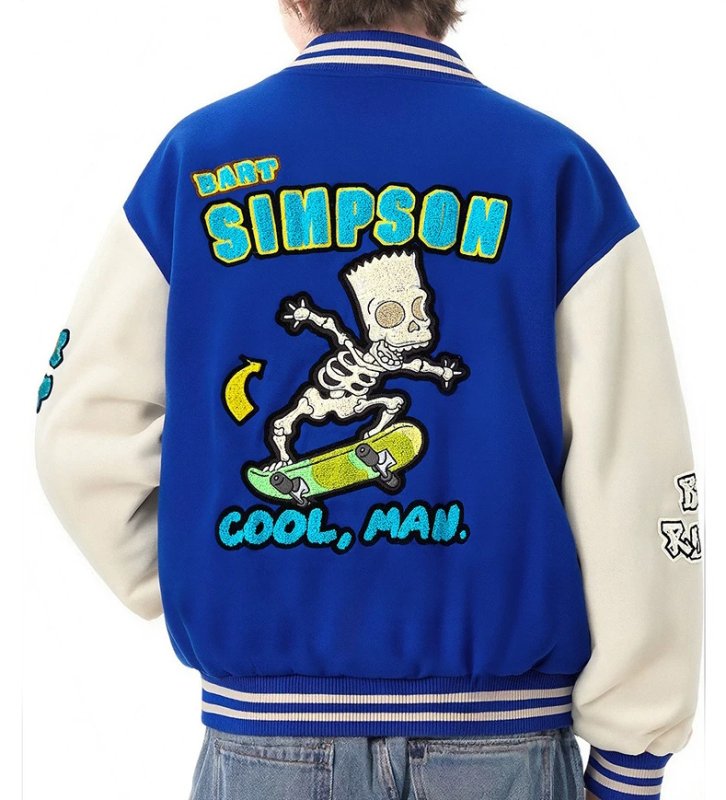 画像2: The Simpsons Skull Bart Simpson Skateboard Embroidery Jacket baseball uniform jacket blouson ユニセックス男女兼用 シンプソンズスカルバートシンプソンスケボー刺繍スタジアムジャンパー スタジャン ジャケットブルゾン (2)