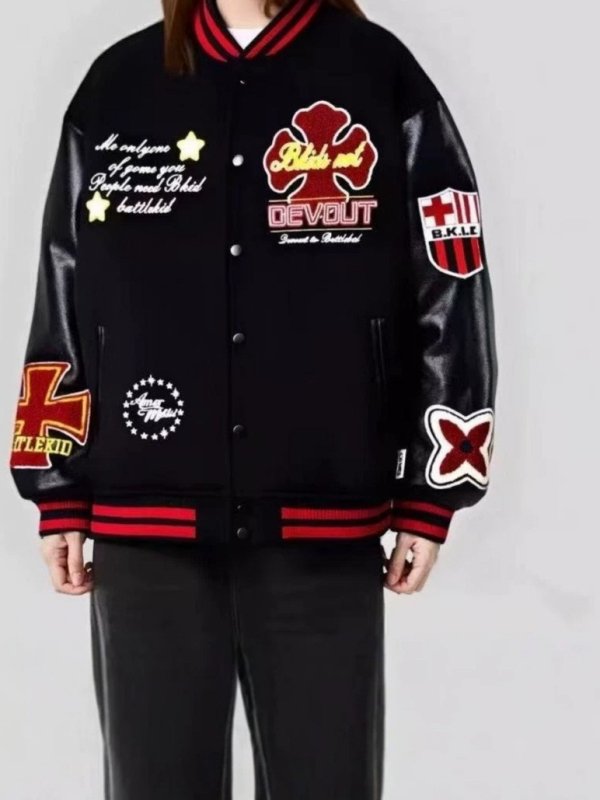 画像5: Leather-Sleeve Baseball Jacket with Letter Emblem Embroidery Jacket baseball uniform jacket blouson ユニセックス男女兼用レターエンブレム刺繍スタジアムジャンパー スタジャン ジャケットブルゾン (5)