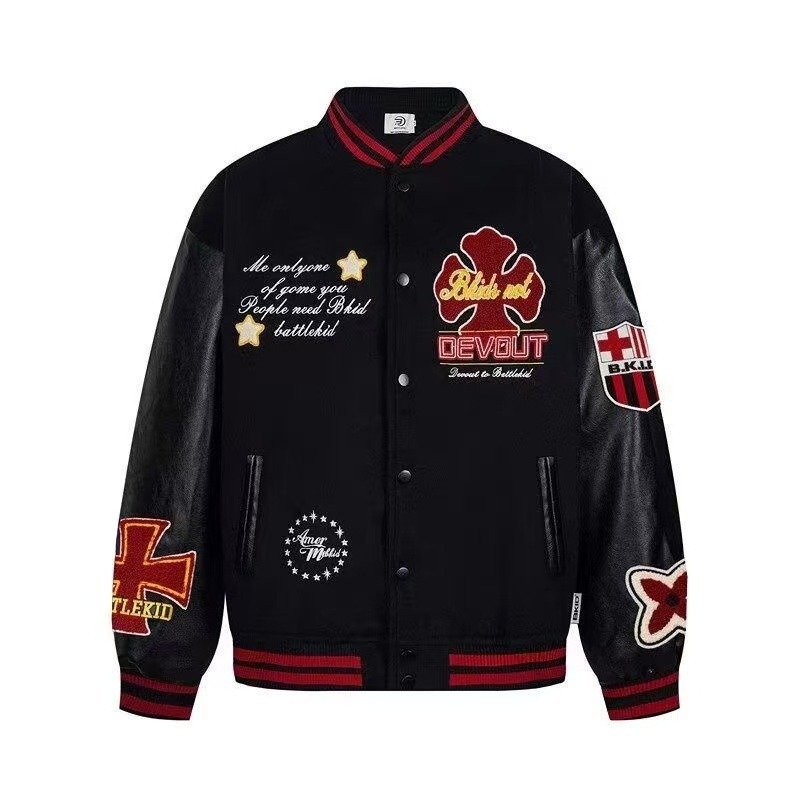 画像4: Leather-Sleeve Baseball Jacket with Letter Emblem Embroidery Jacket baseball uniform jacket blouson ユニセックス男女兼用レターエンブレム刺繍スタジアムジャンパー スタジャン ジャケットブルゾン (4)