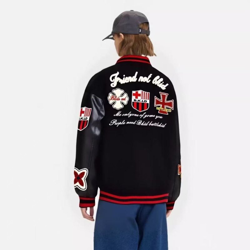 画像6: Leather-Sleeve Baseball Jacket with Letter Emblem Embroidery Jacket baseball uniform jacket blouson ユニセックス男女兼用レターエンブレム刺繍スタジアムジャンパー スタジャン ジャケットブルゾン (6)