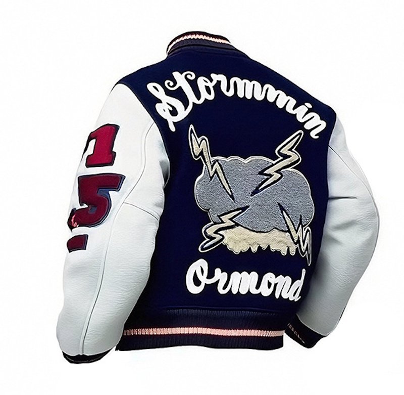画像1: Leather-Sleeve Varsity Jacket with Lightning Embroidery baseball uniform jacket blouson ユニセックス男女兼用ライトニング雷刺繍スタジアムジャンパー スタジャン ジャケットブルゾン (1)